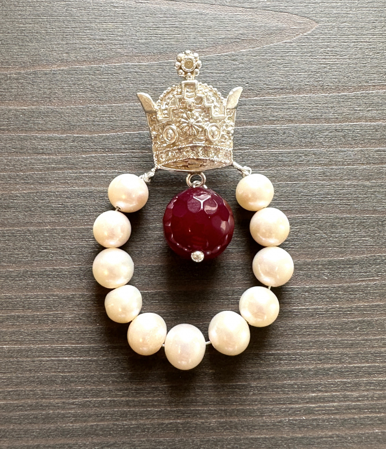 Silver Crown Pin Brooch with Natural Beaded Pearl and Dangling Red Agate 
