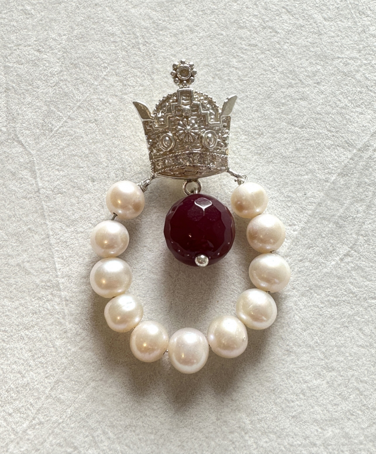 Silver Crown Pin Brooch with Natural Beaded Pearl and Dangling Red Agate 