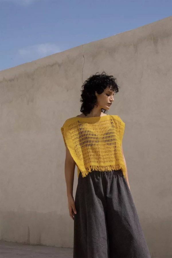 Yellow mesh top with handwoven fabric and natural dye