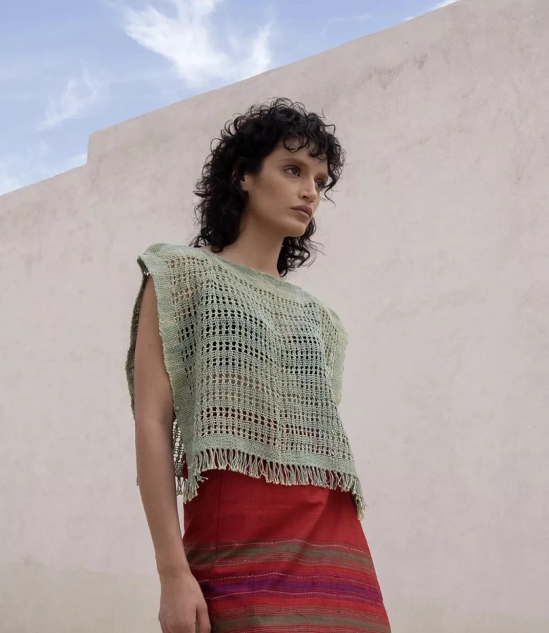 Eco friendly handwoven lace top with natural green dye 