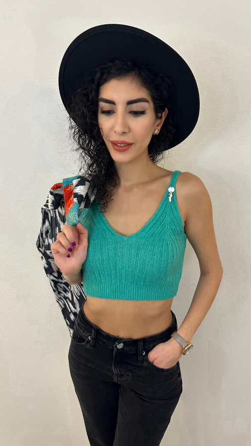 Knit Crop top, pendant, mirror work, turquoise, khaki, wool knit, handmade, Persian, Fall outfit, trendy, unique, cute