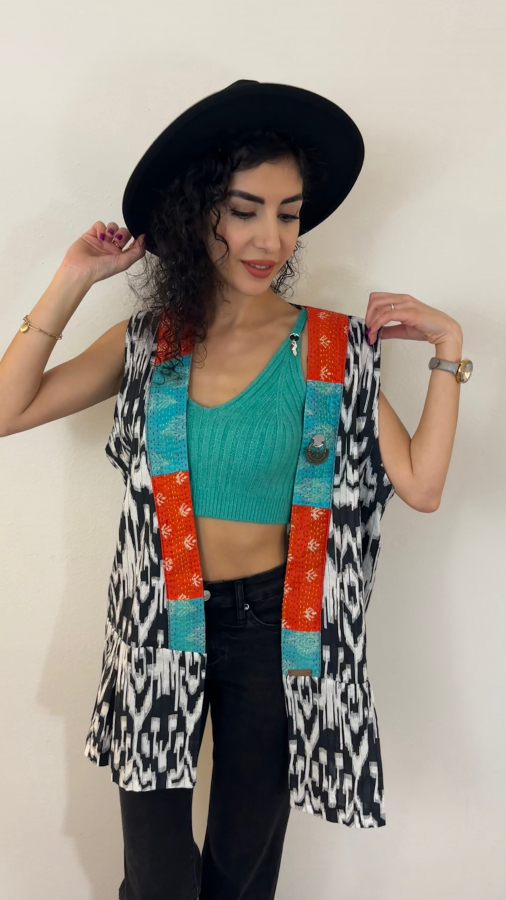 Handmade Persian Silk Vest, long vest, patchwork, pendant, unique, colorful, vintage pendant, mirror work