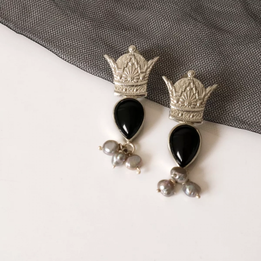 Handmade Crown Earring with Black Stone