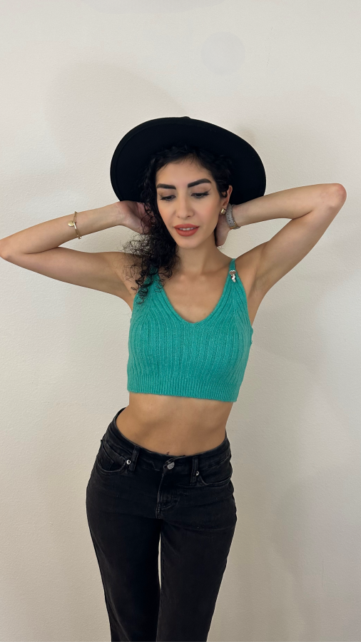 Knit Crop top, pendant, mirror work, turquoise, khaki, wool knit, handmade, Persian, Fall outfit, trendy, unique, cute