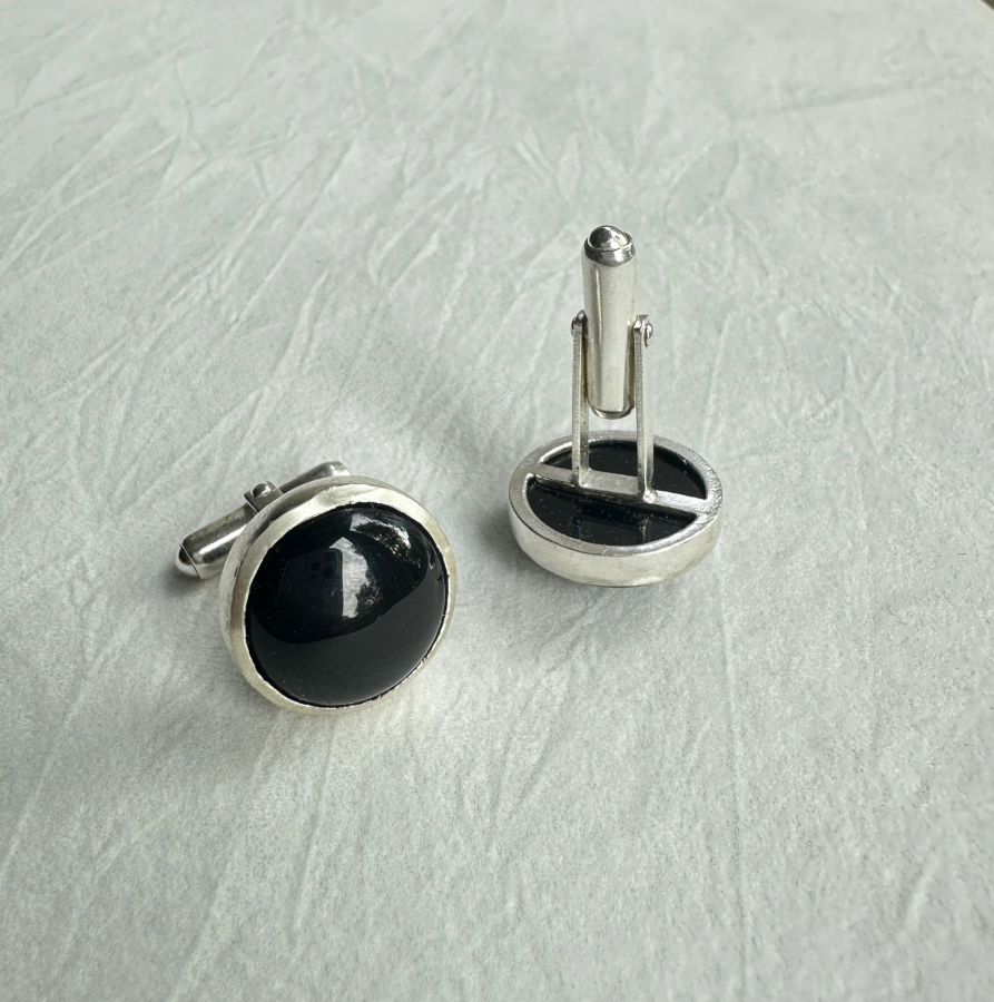 925 Sterling Silver Round Black Onyx Cufflinks 