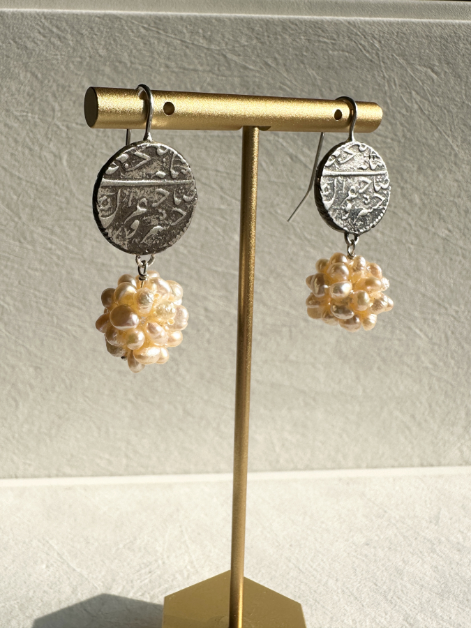 Handmade Sterling Silver Persian Coin Dangle Earrings With Natural Pearl Ball