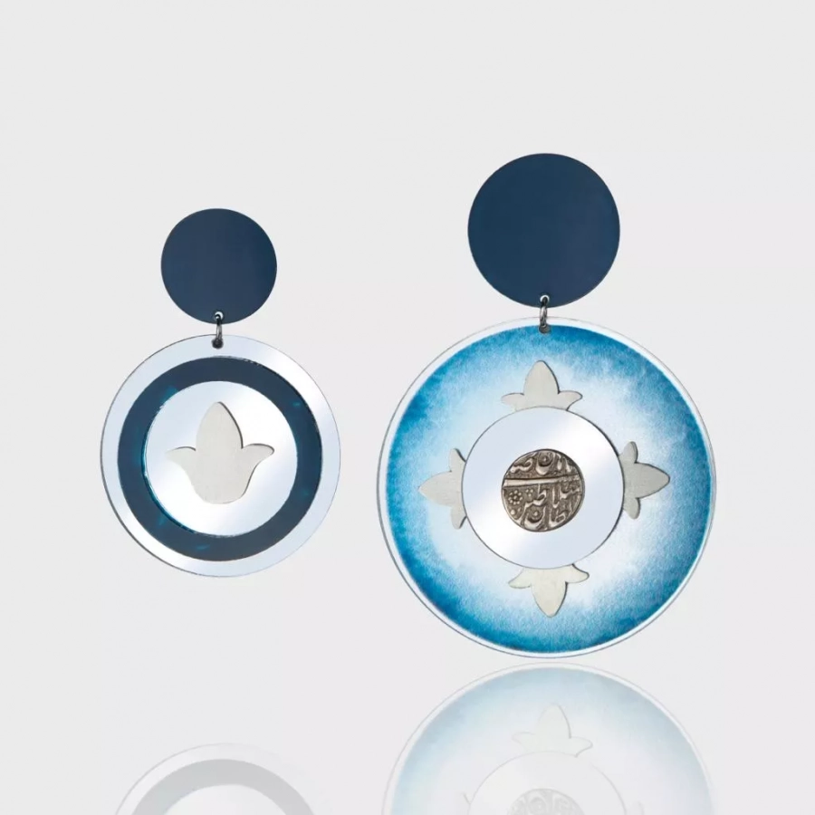 Mirror And Silver Unique Qajar Blue Non Identical Earrings
