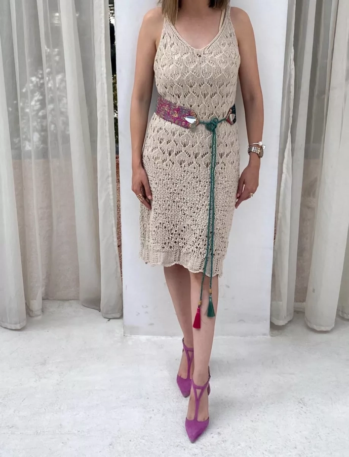 Knit dress, dress with belt, beige dress, handmade belt, unique, patchwork, handmade, pendant, 2 layers