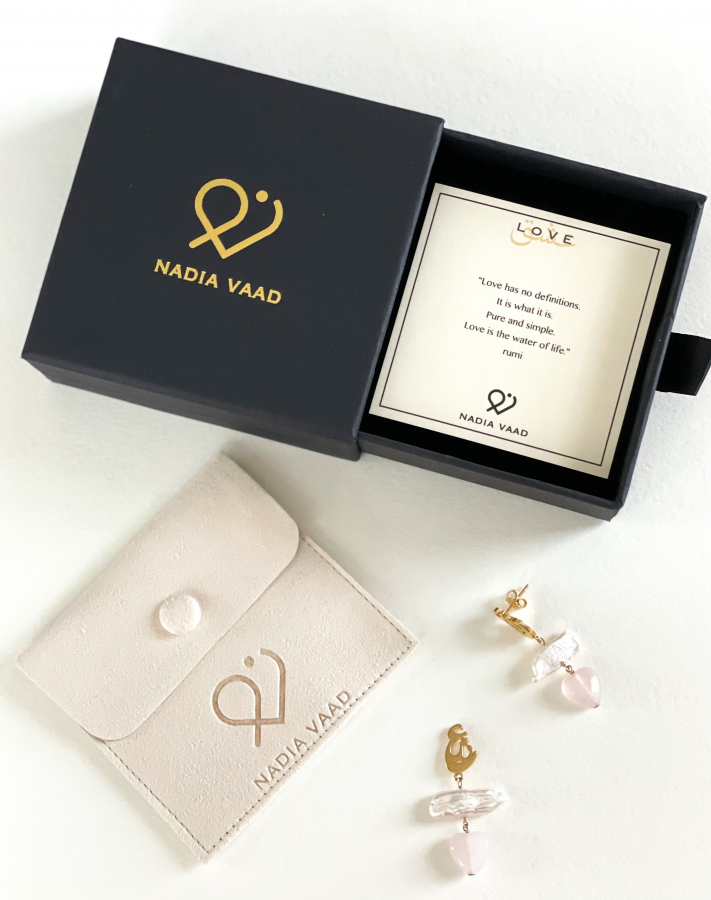The Love Earrings with Dangling Pearl and Rose Quartz Charm 
