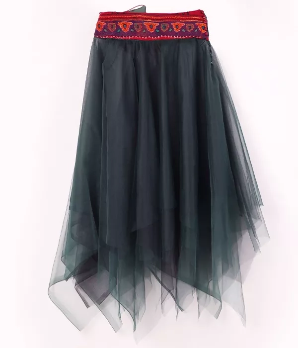 Layered skirt made with handwoven kerman pateh GREEN