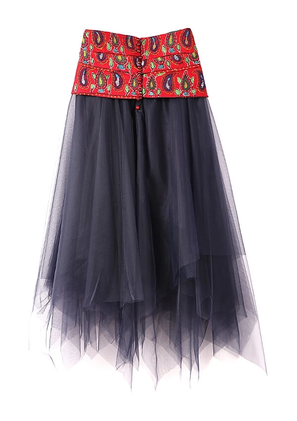 Layered skirt made with handwoven kerman pate dark blue