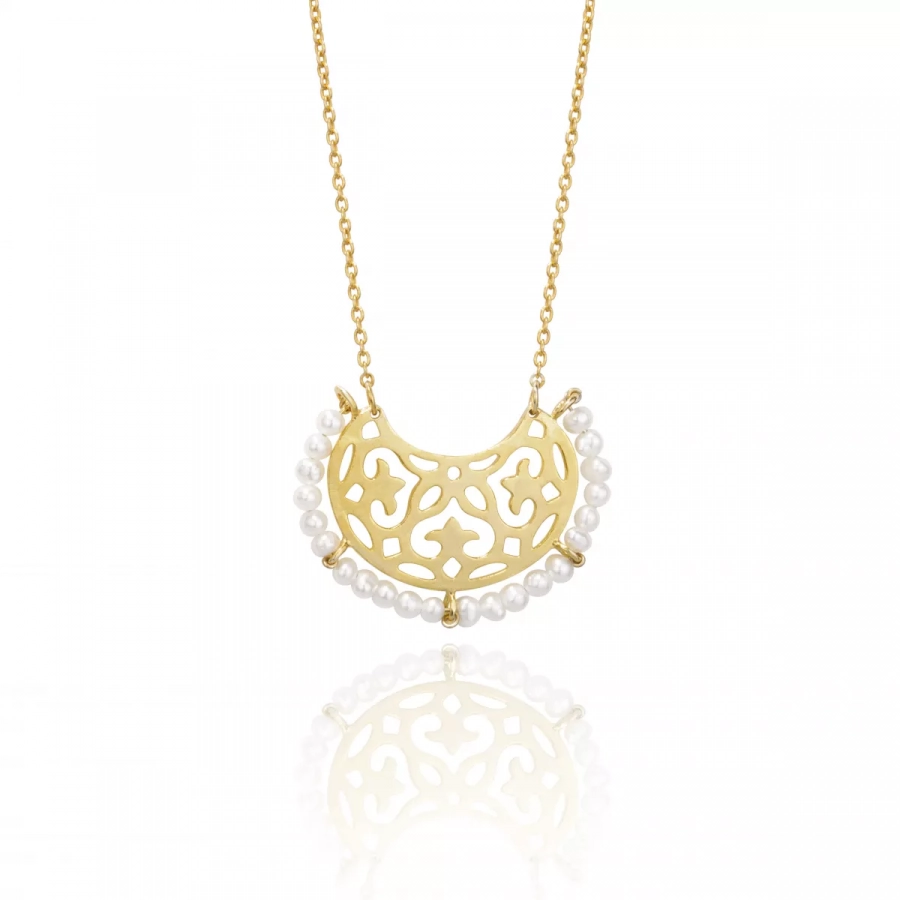 Gold Plated Silver Necklace With Beaded White Pearl, Persian Pattern