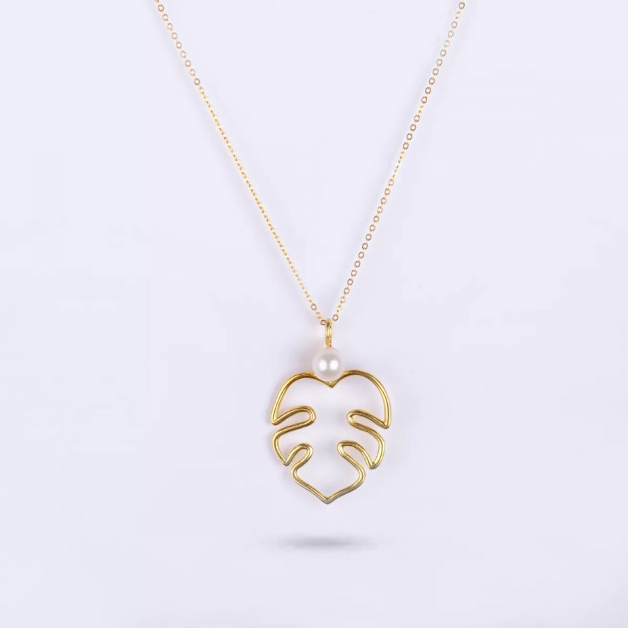 Gold Plated Silver Fig Leaf Necklace with white Natural Pearls