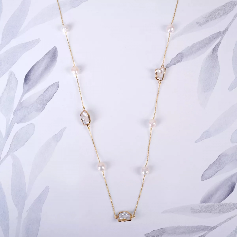 Gold Plated Silver Long Necklace With Baroque Pearls