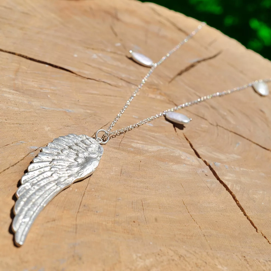 Silver Angel Wing Long Necklace With Baroque Pearls