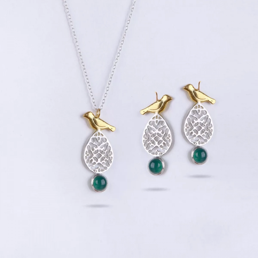 Silver Green Agate Bird Necklace and Earrings