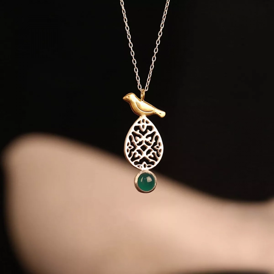 Silver Green Agate Bird Necklace