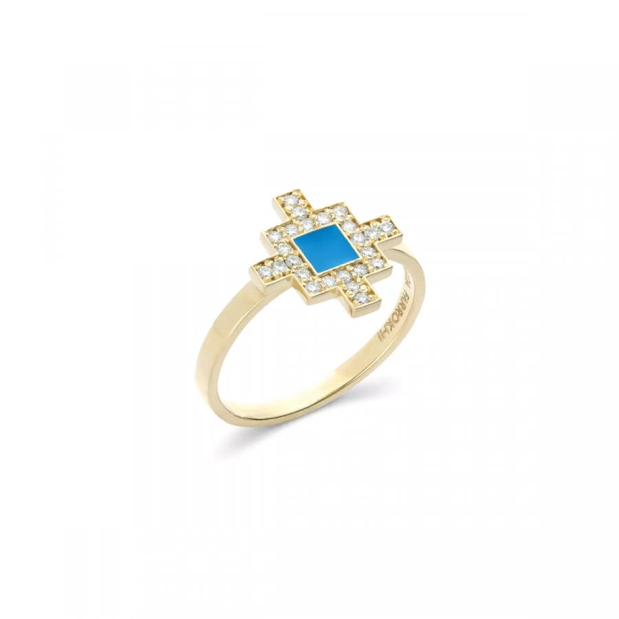 Bahar Diamond Ring-18k yellow gold blue enamel