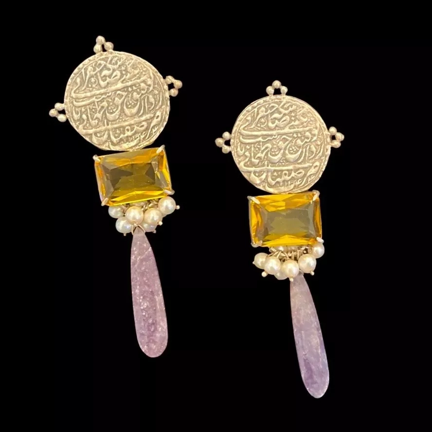 Persian Silver Coin Yellow Crystal and Earrings