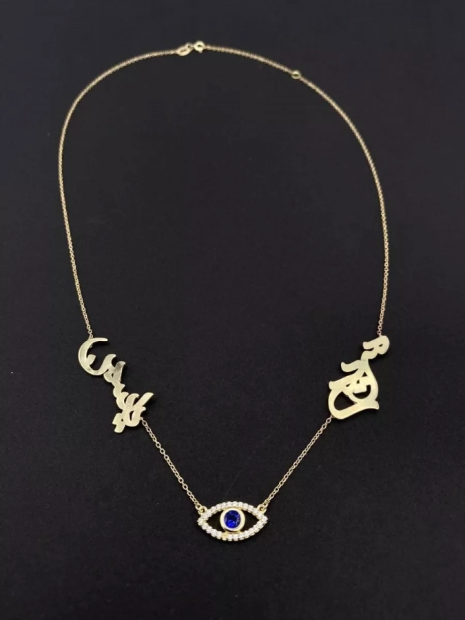 Two Names Persian Calligraphy Genuine blue sapphire and Diamonds Evil eye silver