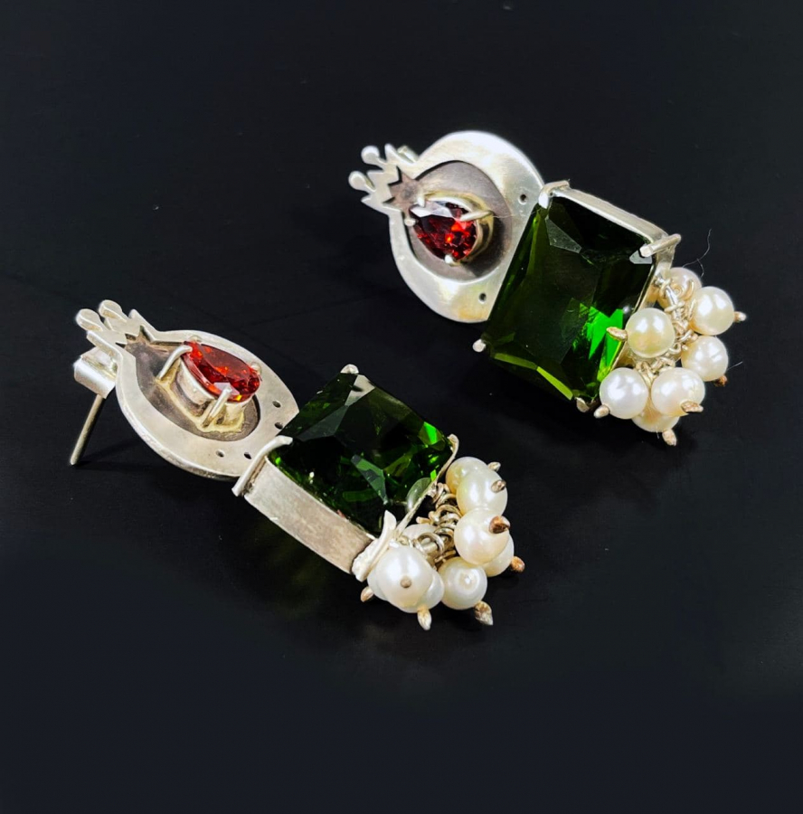 Persian Silver Red and Green Pomegranate Earrings
