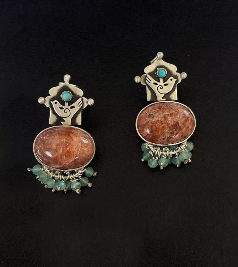 Persian Silver carnelian and turquoise bird Earrings