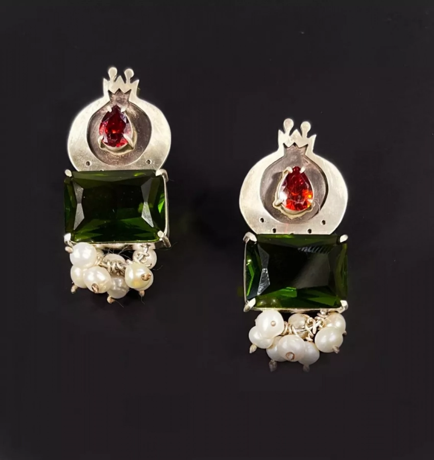 Persian Silver Red and Green Pomegranate Earrings