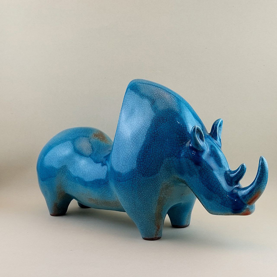 Handmade ceramic figurine, Ceramic rhino statue, Decorative, Object, Ceramic statue, Art object, Ceramic rhino