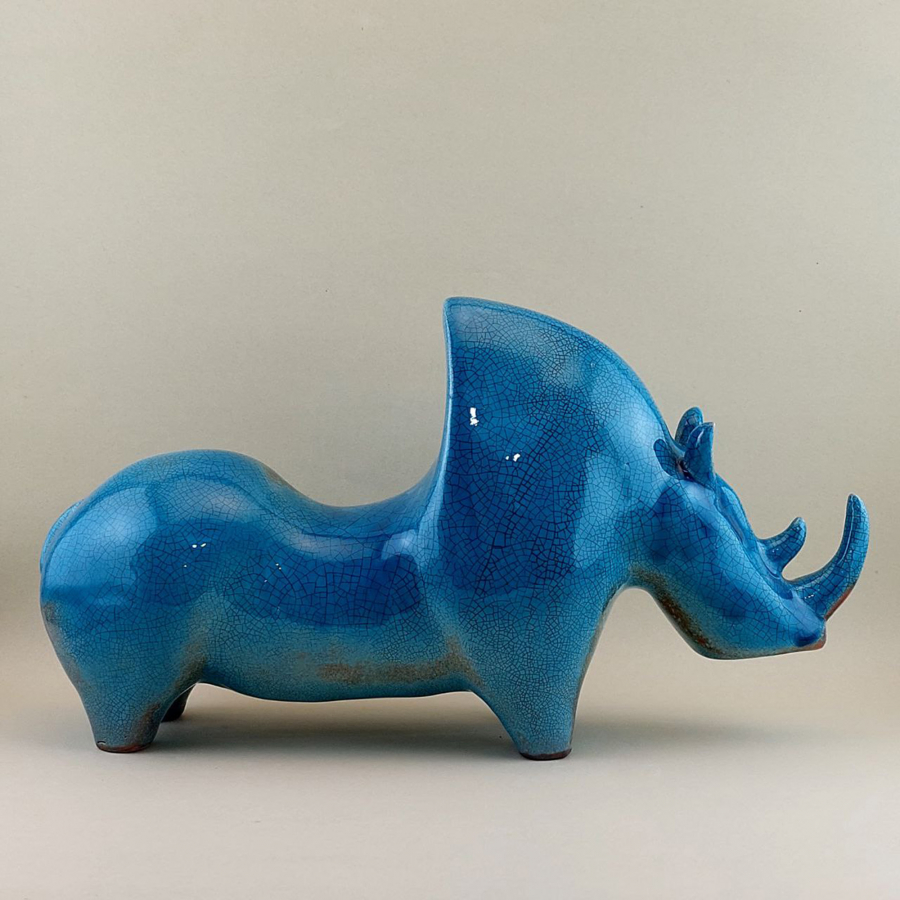 Handmade ceramic figurine, Ceramic rhino statue, Decorative, Object, Ceramic statue, Art object, Ceramic rhino