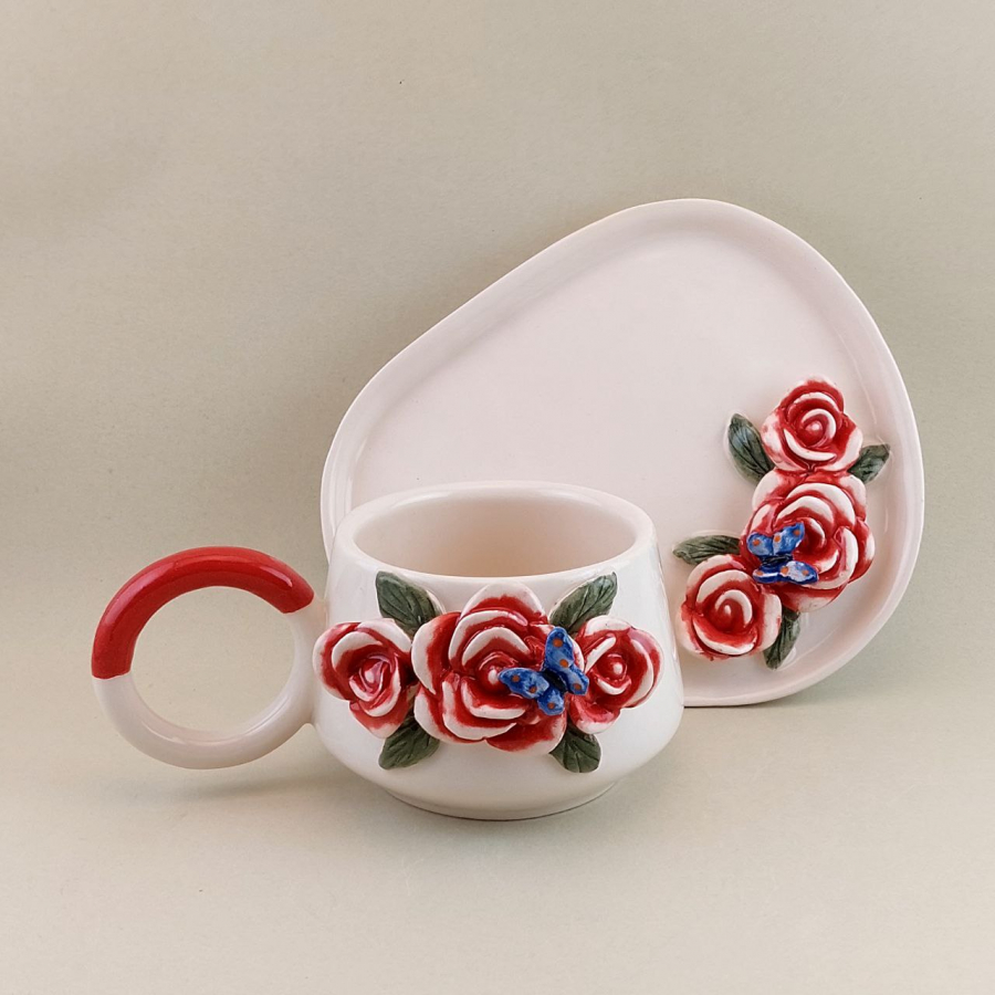 Ceramic Mug & Plate Handmade Pottery , Minimal Stoneware Ceramic Coffee Mug , Pottery Tea Coffee Wine Cup, Cappuccino cup, Latte Mug, Rose 