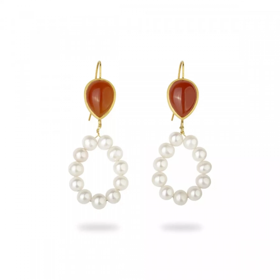 Dangle Silver Earrings with Agate and White Pearl, Gold Plated