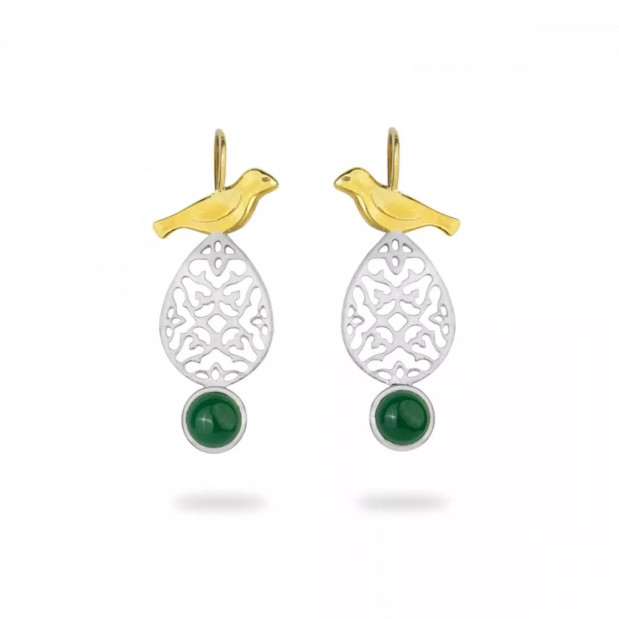Silver Green Agate Bird Earrings