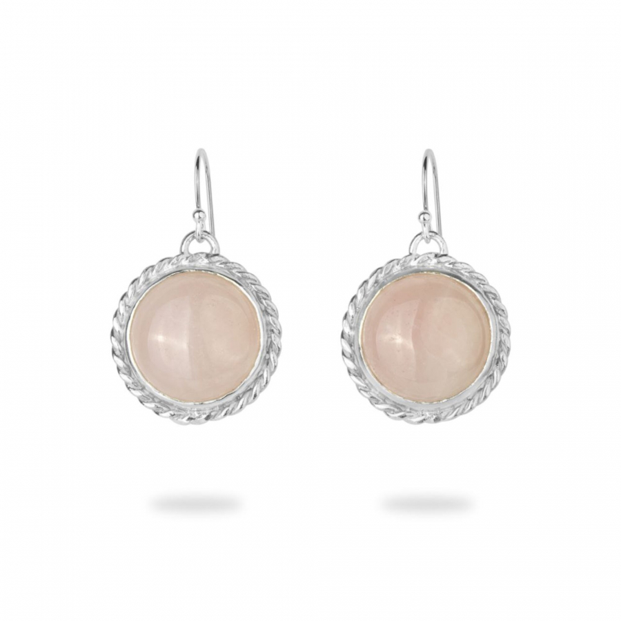 Silver Dangle Round Gem Earrings with Rose Quartz