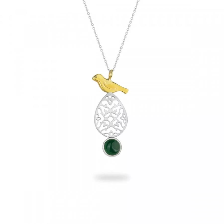 Silver Green Agate Bird Necklace 
