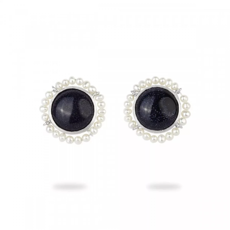 Silver Round Stud Earrings with Blue Sun Stone, and White Pearl