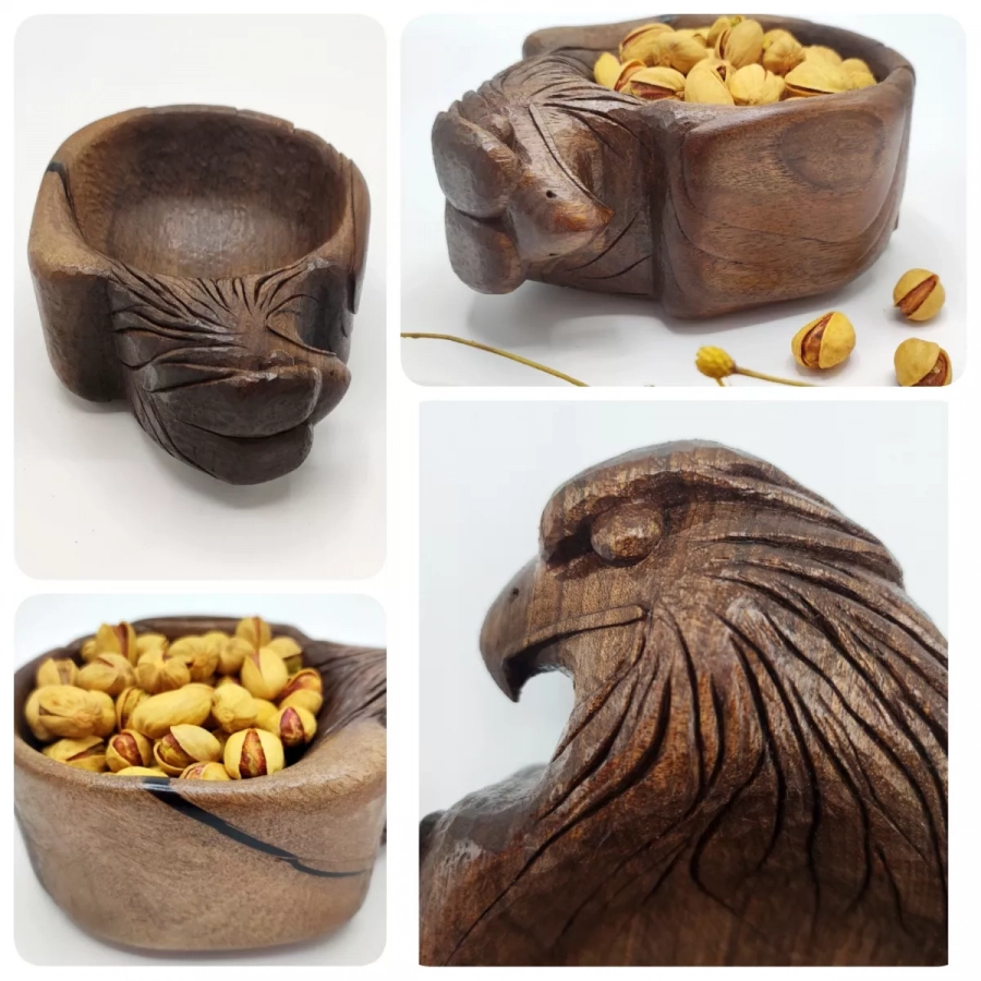 Wooden Bowl, wooden eagle, birds, animals, handcarved, nuts, food, fingerfood, 