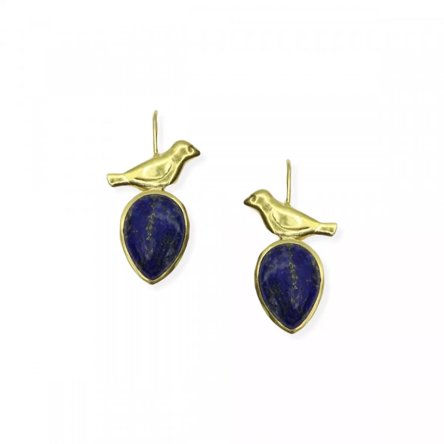Gold Plated Silver Birds Earrings With Lapis Lazuli