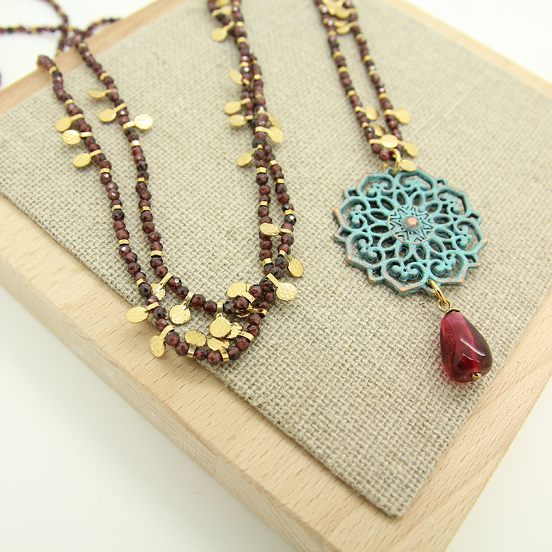 Long Pomegranate Necklace, Glass Pomegranate seed, Natural Stone chain