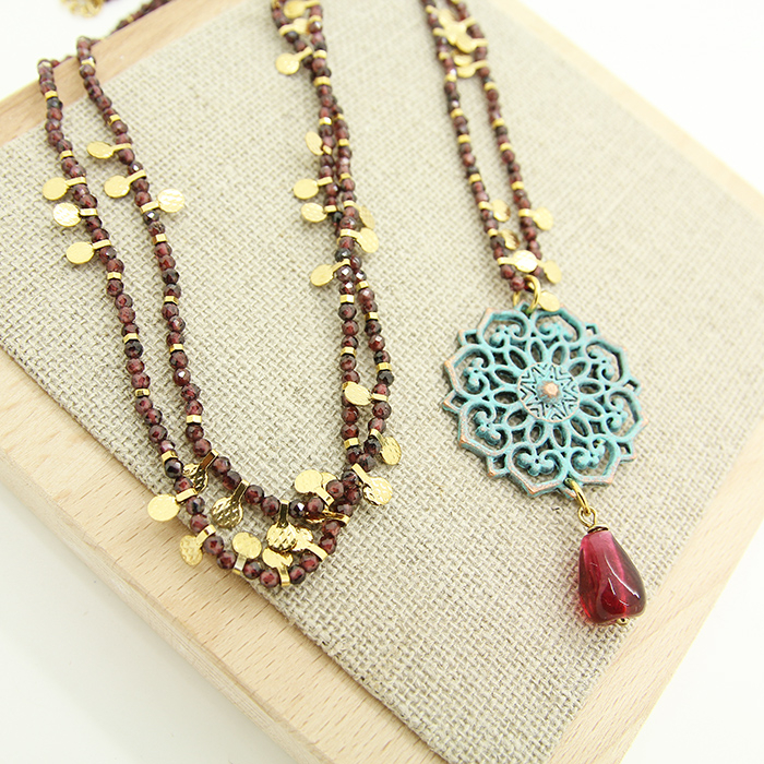 Long Pomegranate Necklace, Glass Pomegranate seed, Natural Stone chain