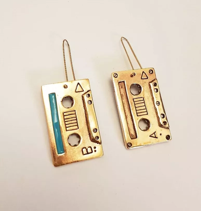 Handmade Bronze Cassette Tape Earrings With Blue Enamel