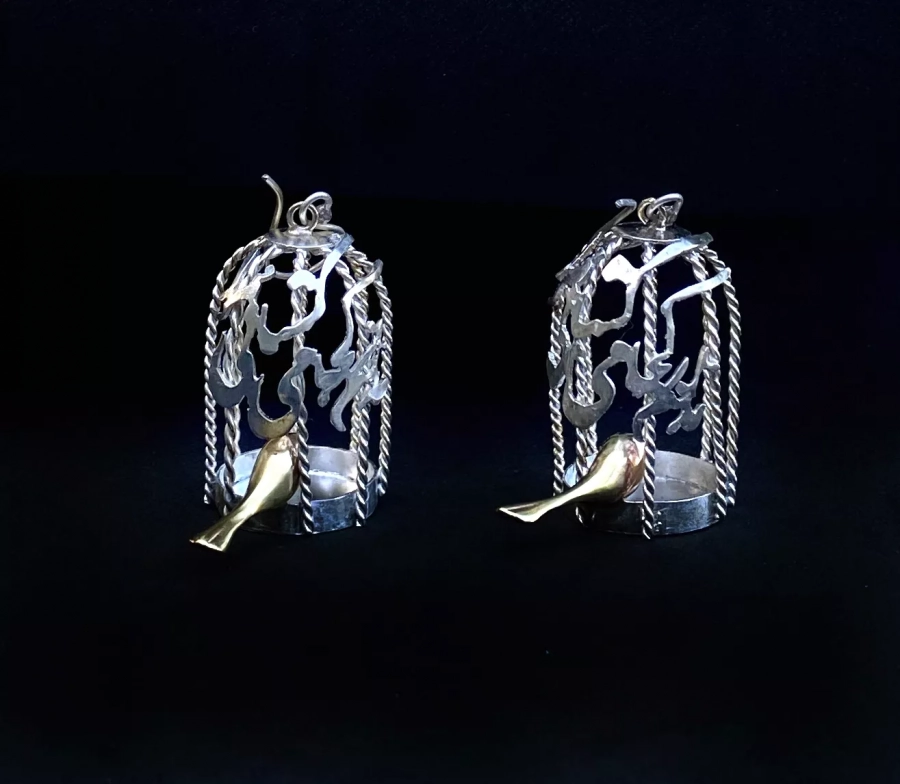 Silver And Gold Plated Bird In Cage Earrings