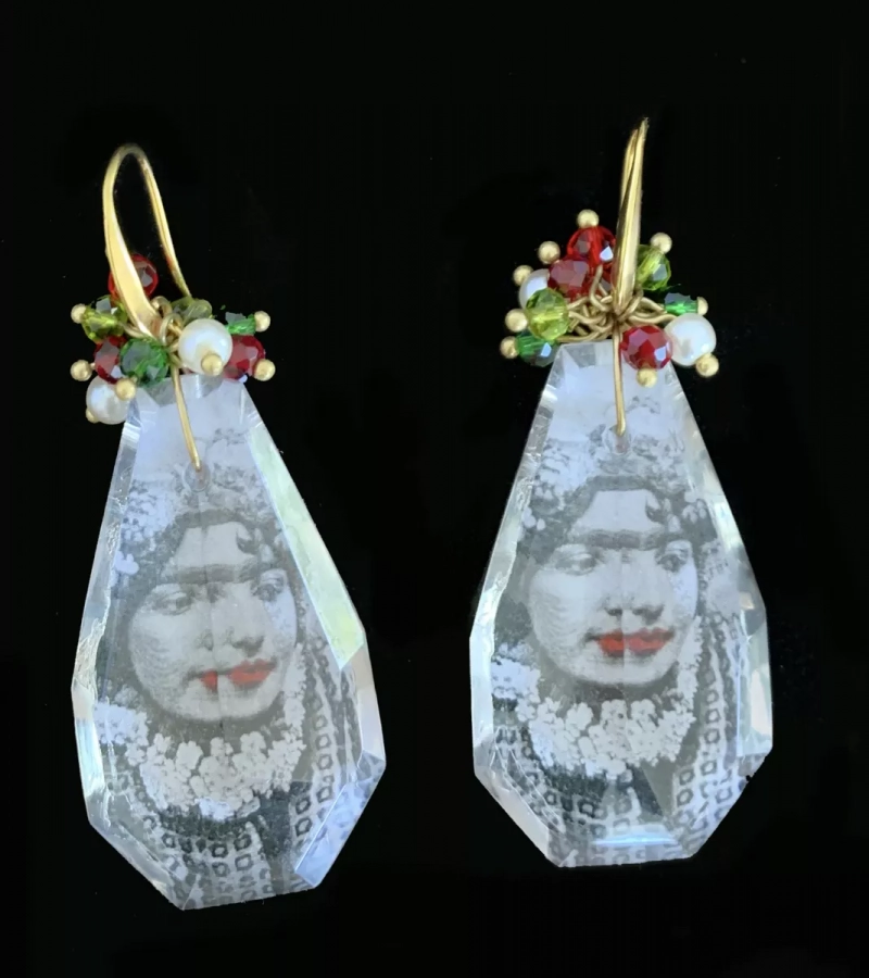 Large Crystal Earrings With Antique Photo Of Iranian Woman