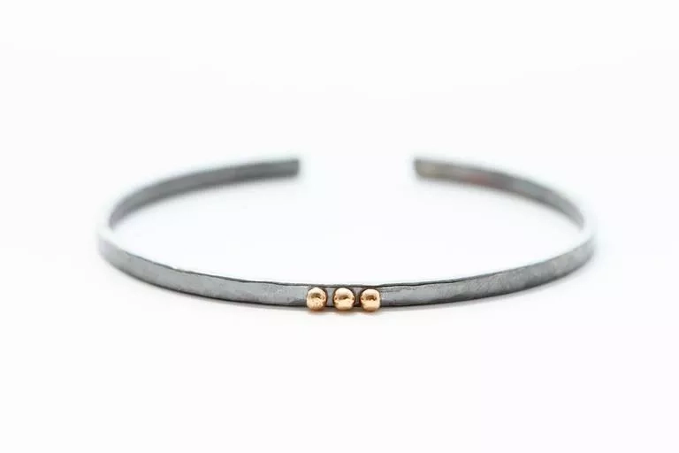 Thin Oxidized Sterling Silver Bracelet With Five 14k Gold