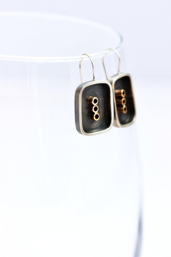 Oxidized Sterling Silver Earrings With Three 14k Gold Tubes