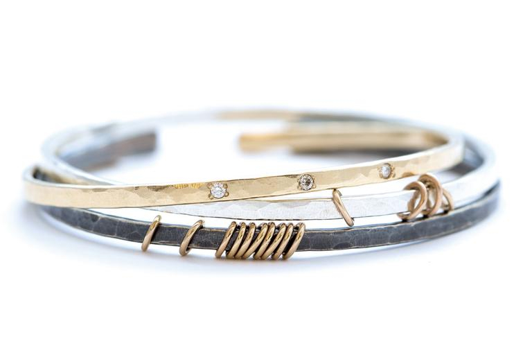 Thin Sterling Silver Bangle Bracelet With 14k Yellow Gold Rings