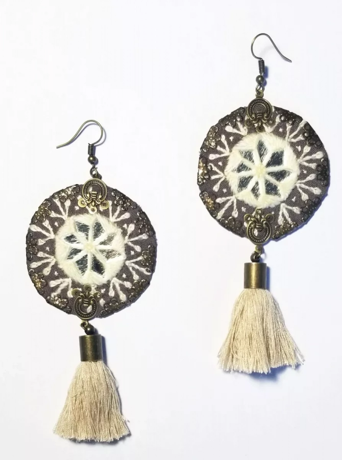 Middle Eastern Ethnic Artisan Needle Work Circle Earrings With Cream Tassels 