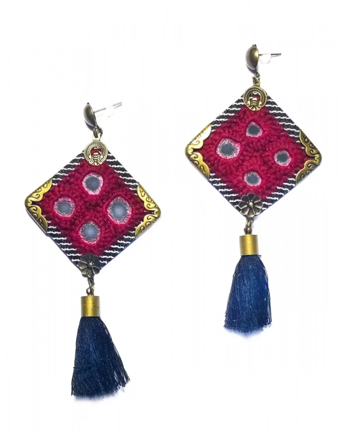 Hand Embroidered And Artisanal Needle Work Authentic Kurdish Earrings With Blue Tassel