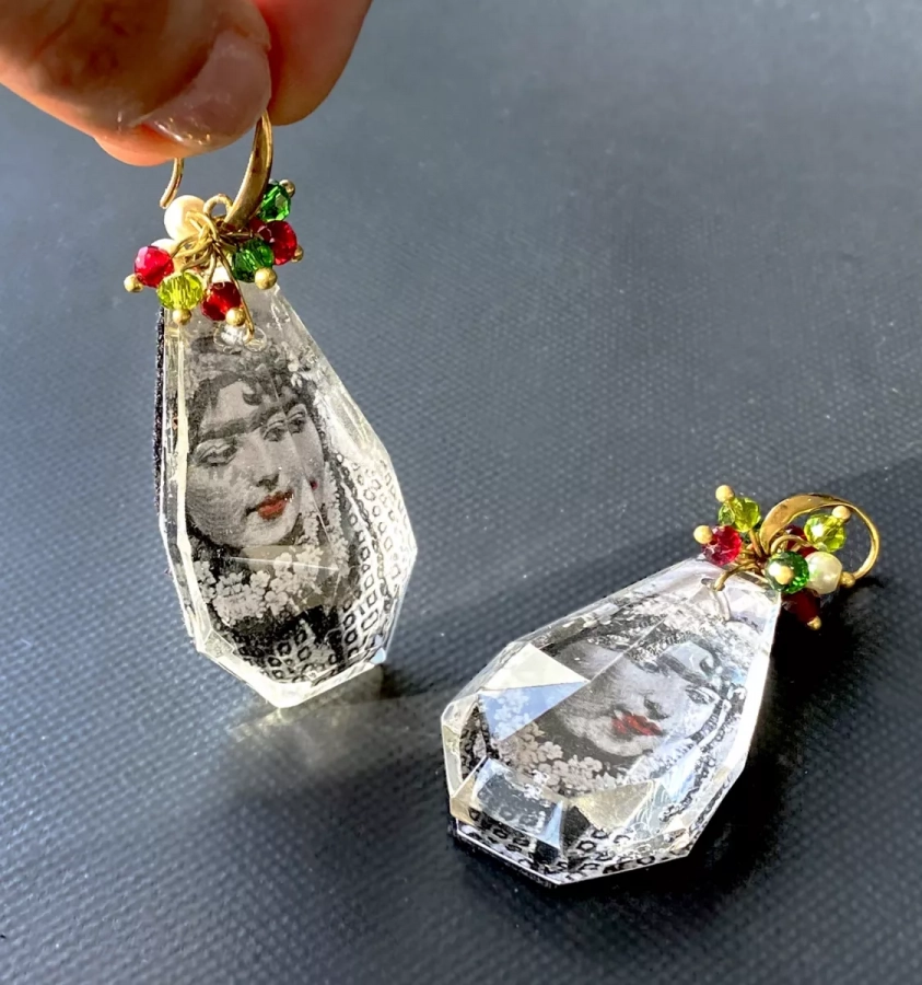 Large Crystal Earrings With Antique Photo Of Iranian Woman