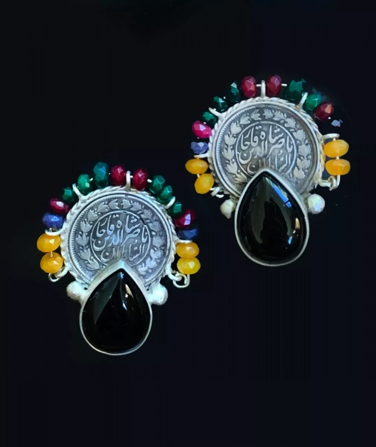 Persian Colorful Vintage Coin Agate Earrings