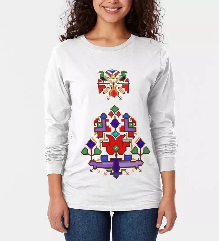 Persian Illustration Long Sleeves Kilim Patterned Women's White T-shirt 